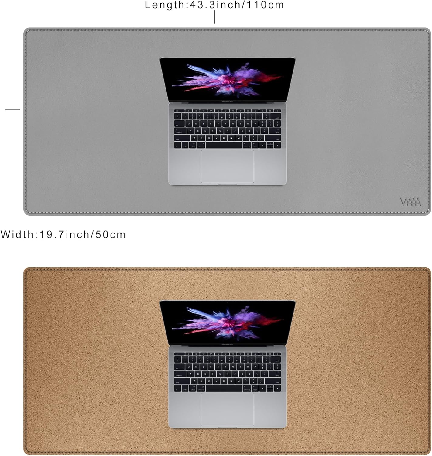 Vyaaa Cork & Leather Desk Mat, 43.3“ x 19.7” Dual Sided Leather Desk Pad, Waterproof Extra Large Desk Mat, Desk Mats on top of Desks for Home or Office (Grey)