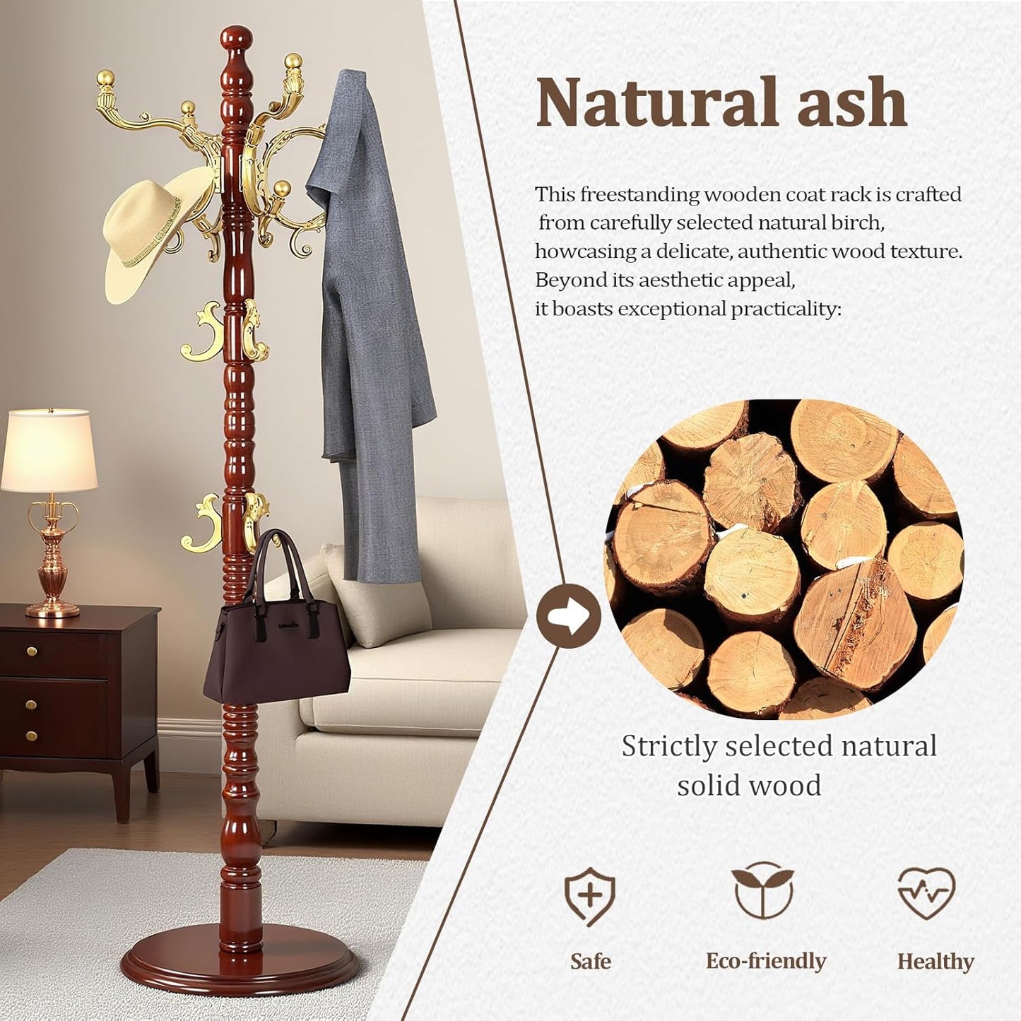 Vintage Wooden Coat Rack Free Standing,14 Hooks, 3-Level Adjustable Height, 73-Inch Retro Coat Rack Stand, Suitable for Entryway, Living Room, Office and Bedroom (Begonia color, 1PCS)