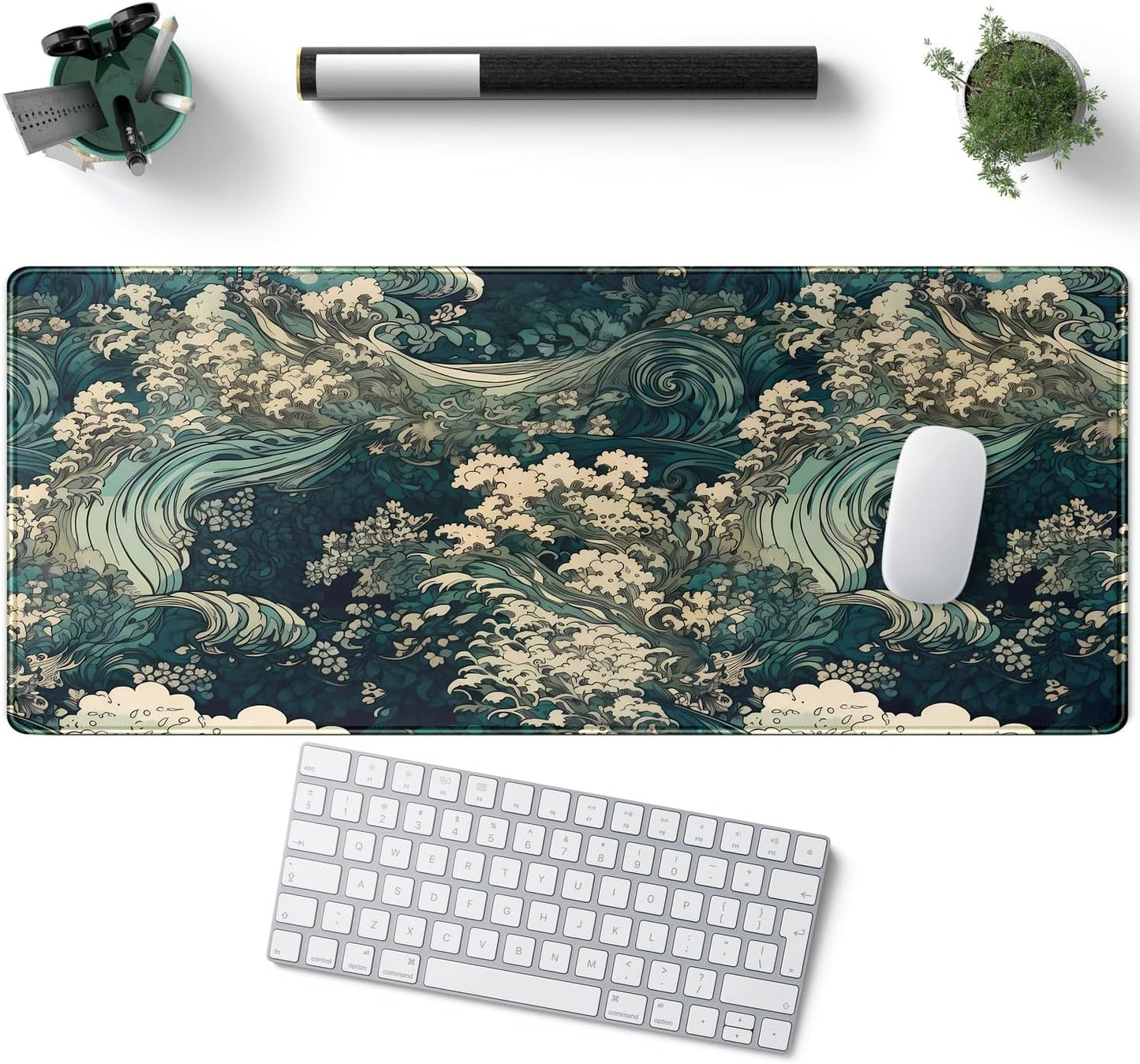 Japanese Large Mouse Pad Gaming Sea Wave Desk Pad Blue Sea Flower Art Aesthetics Desk Pad Non-Slip Rubber Base Mice Pad, 31.5 X 11.8 in for Laptop Computer Mouse Keyboard Mat of Office Desk Decor