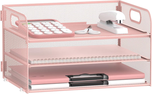 SUPEASY 3 Tier Paper Organizer with Handle, Mesh Desk Organizer Letter Tray, A4 File Folder Paper Tray, Pink