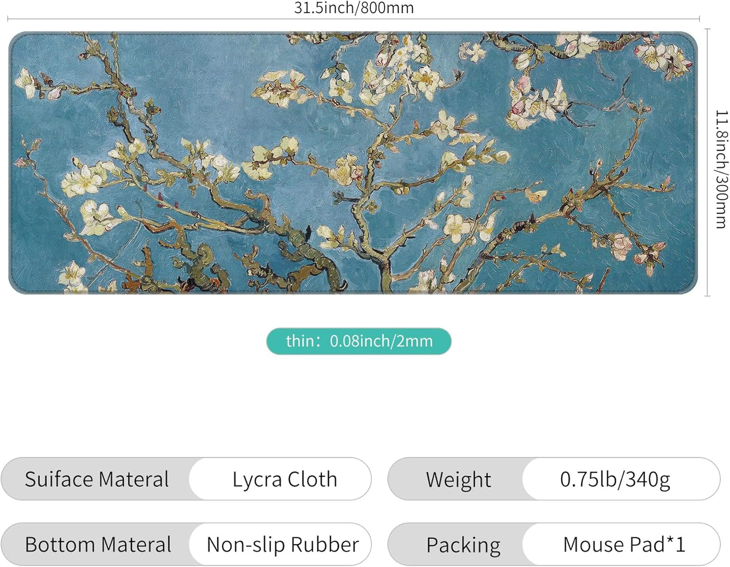 Dynippy Thin Extended Gaming Mouse Pad （31.5 * 11.8 * 0.08 inch） with Stitched Edges Large Mousepad Long XXL Keyboard and Mouse pad Desk Mat for Gaming Office & Home - Almond Blossom