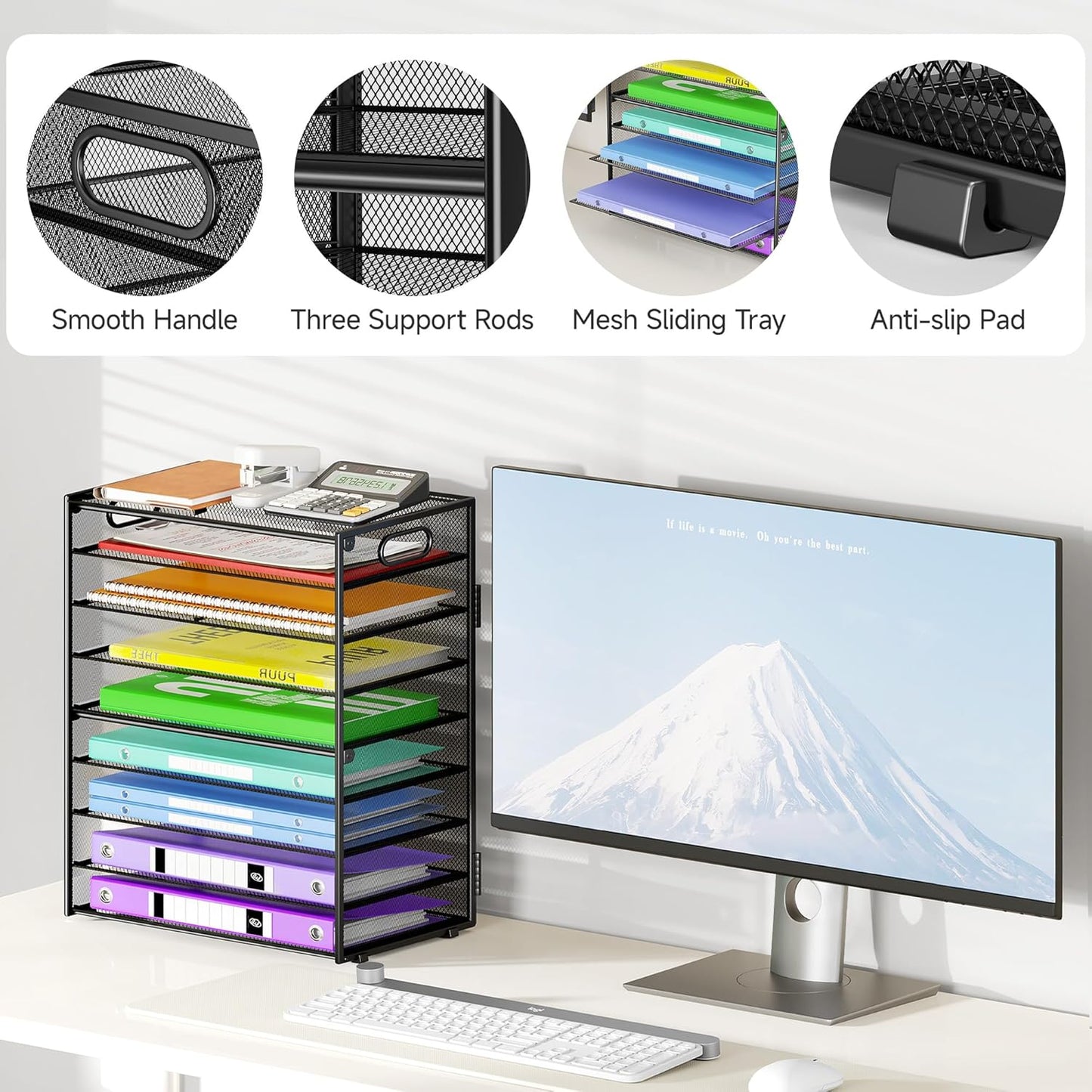 9 Tier Paper Organizer with Handle, Large Capacity Desk Organizer Mesh File Folder Letter Paper Tray Desktop Document Sorter for Classroom, School, and Office Accessories Organization- Black