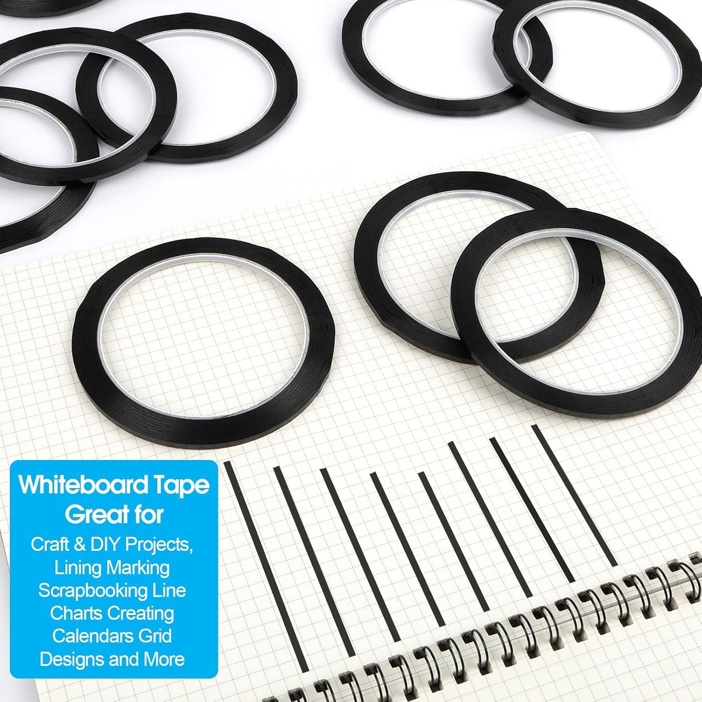 Whiteboard Tape, 16 Rolls 1/8 inch Pinstripe Tape Dry Erase Tape White Board Pinstriping Tape Line, Thin Black Draping Tape 164 Feet Per Roll, Dry Erase and White Board Accessories, Chart Tape