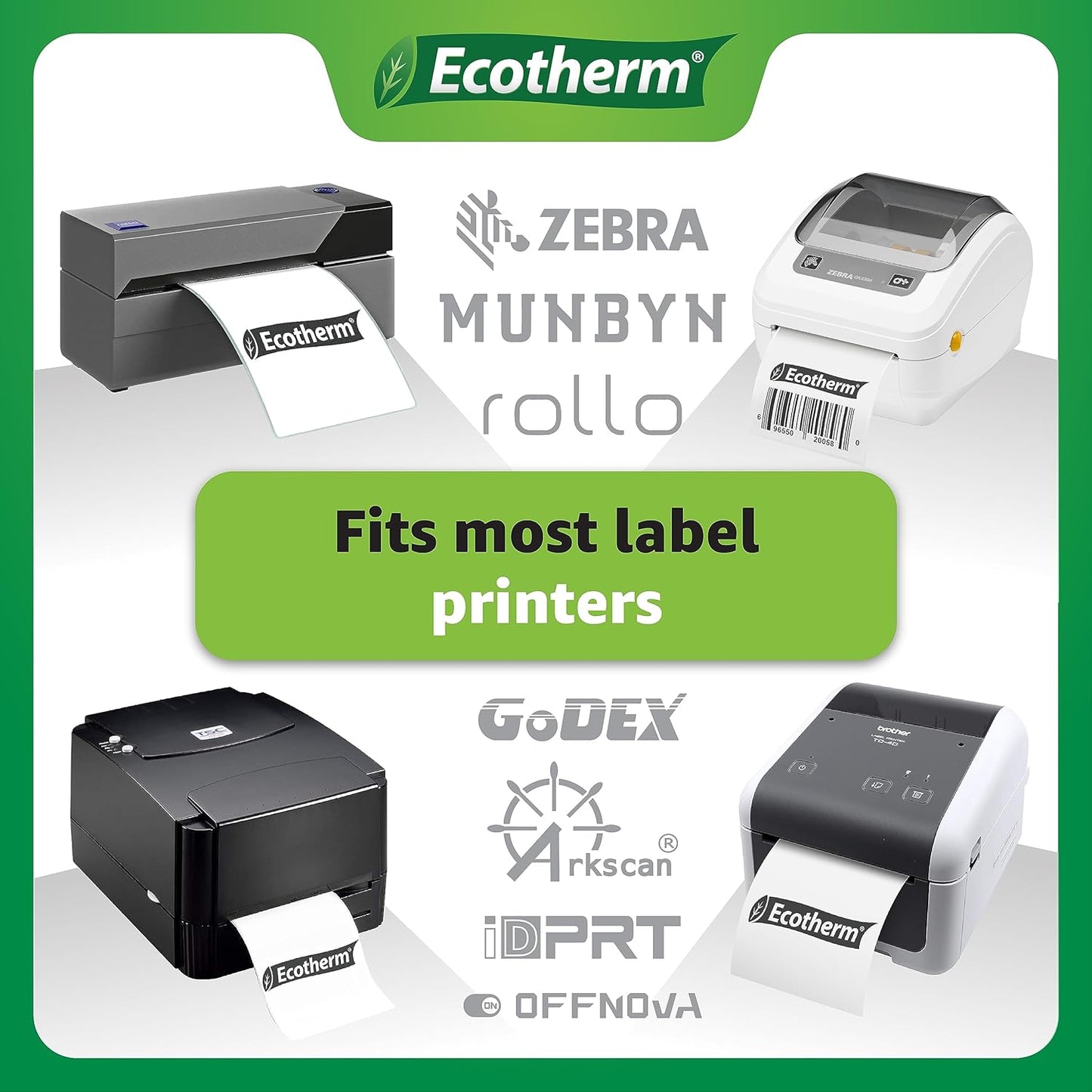2" x 1.5" Thermal Labels | 4 Rolls | 5280 Labels | fits Zebra, Munbyn, Rollo, Godex, Arkscan, iDPRT, Offnova Thermal Label Printers and More | Blank White Adhesive Stickers by Ecotherm