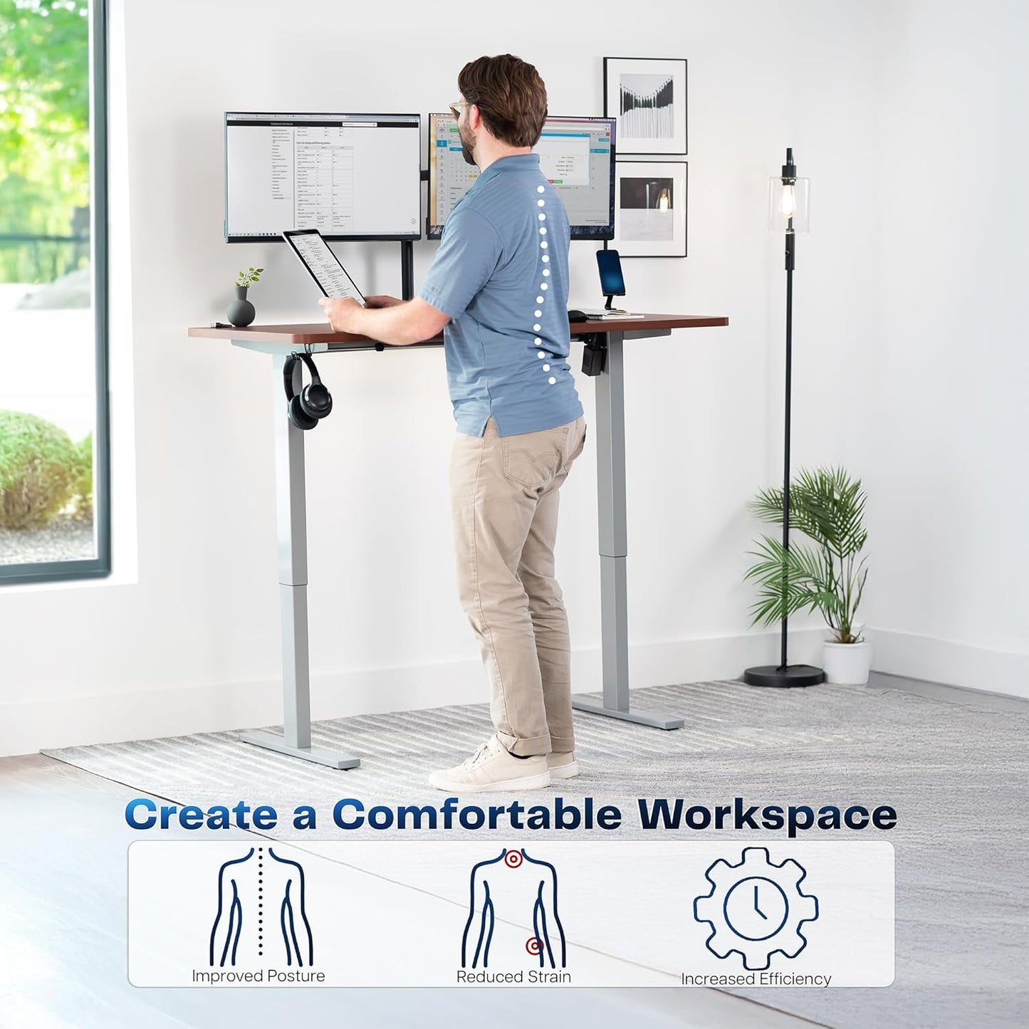 VIVO Electric 55 x 28 in Standing Desk, Memory Height Adjustment, 1B Series, One-Piece Dark Walnut Top, Gray Frame, DESK-KIT-1G55D