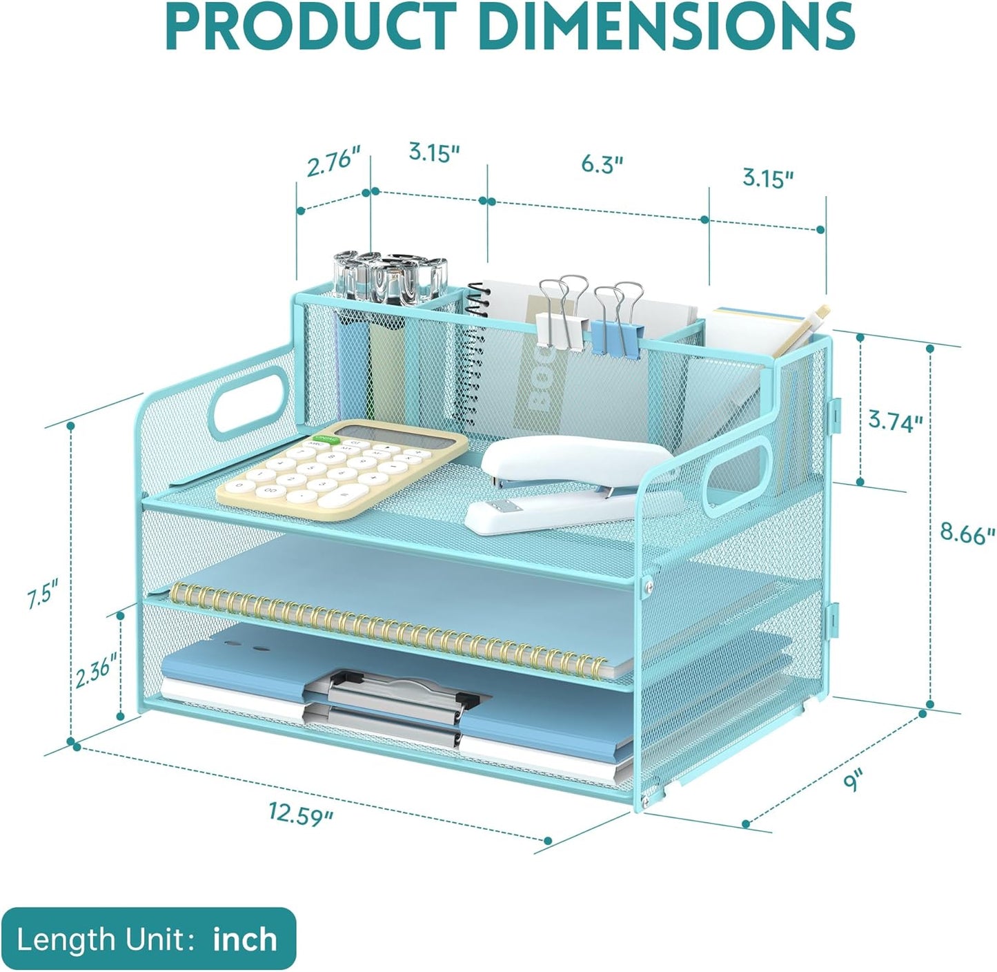 SUPEASY 3 Tier Desk Organizer with Handle & 3 Pen Holders, Mesh Paper/File Organizer for Desk, Paper Letter Tray Organizer for Office Supplies (Light Blue)