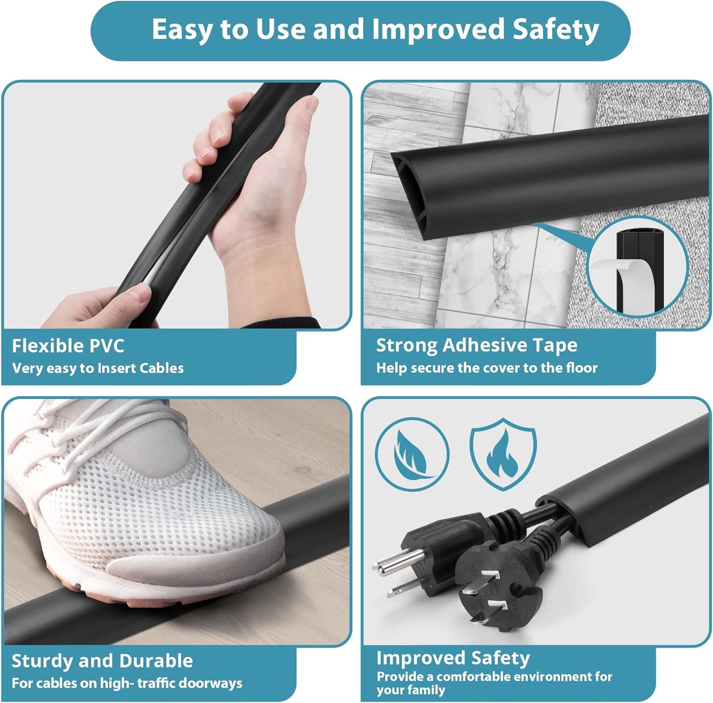 3FT PVC Cord Hider, Black Floor Cord Protector with 0.7 x 0.4 Inch Extension, Soft Wire Covers