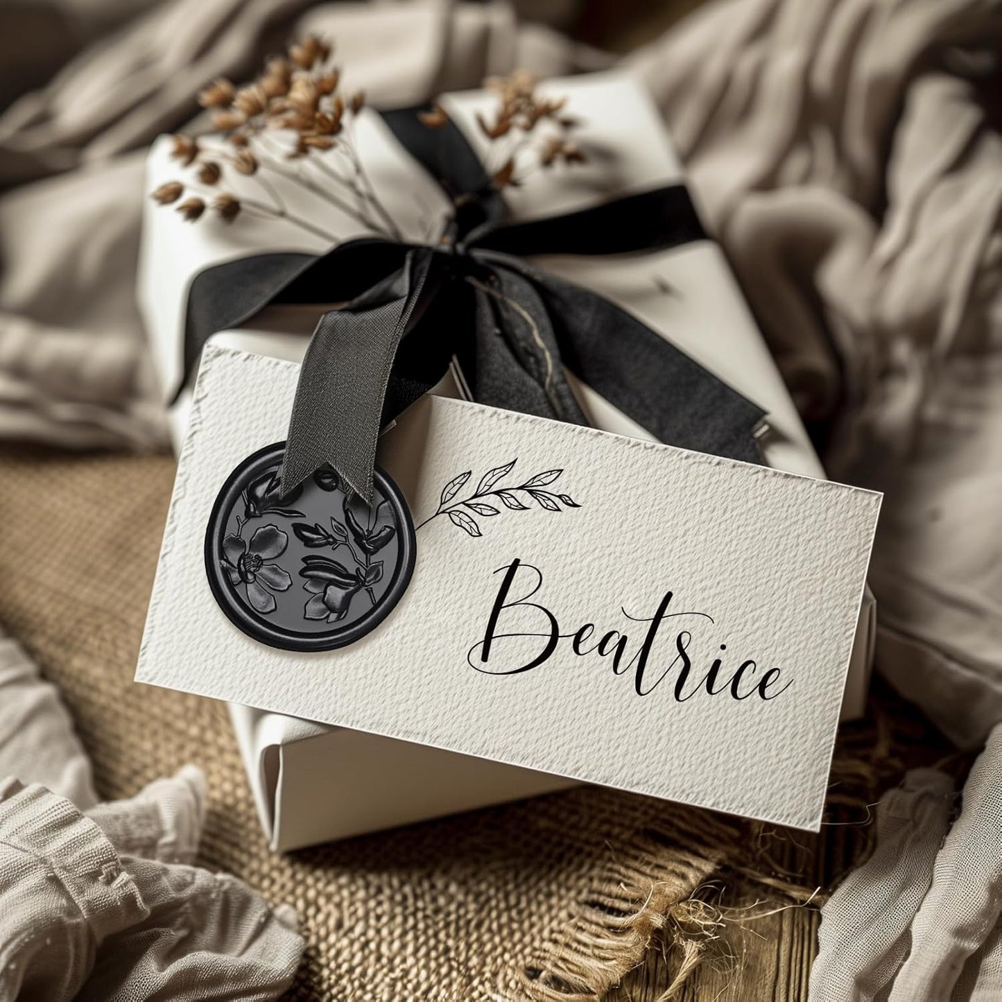 UNIQOOO Wax Seal Stickers - 3D Magnolia Wedding Invitation Envelope Botanical Seal Sticker, 50 Pcs Self- Adhesive Black Stickers, Perfect for Invitation, Christmas, Gift Wrapping, Party