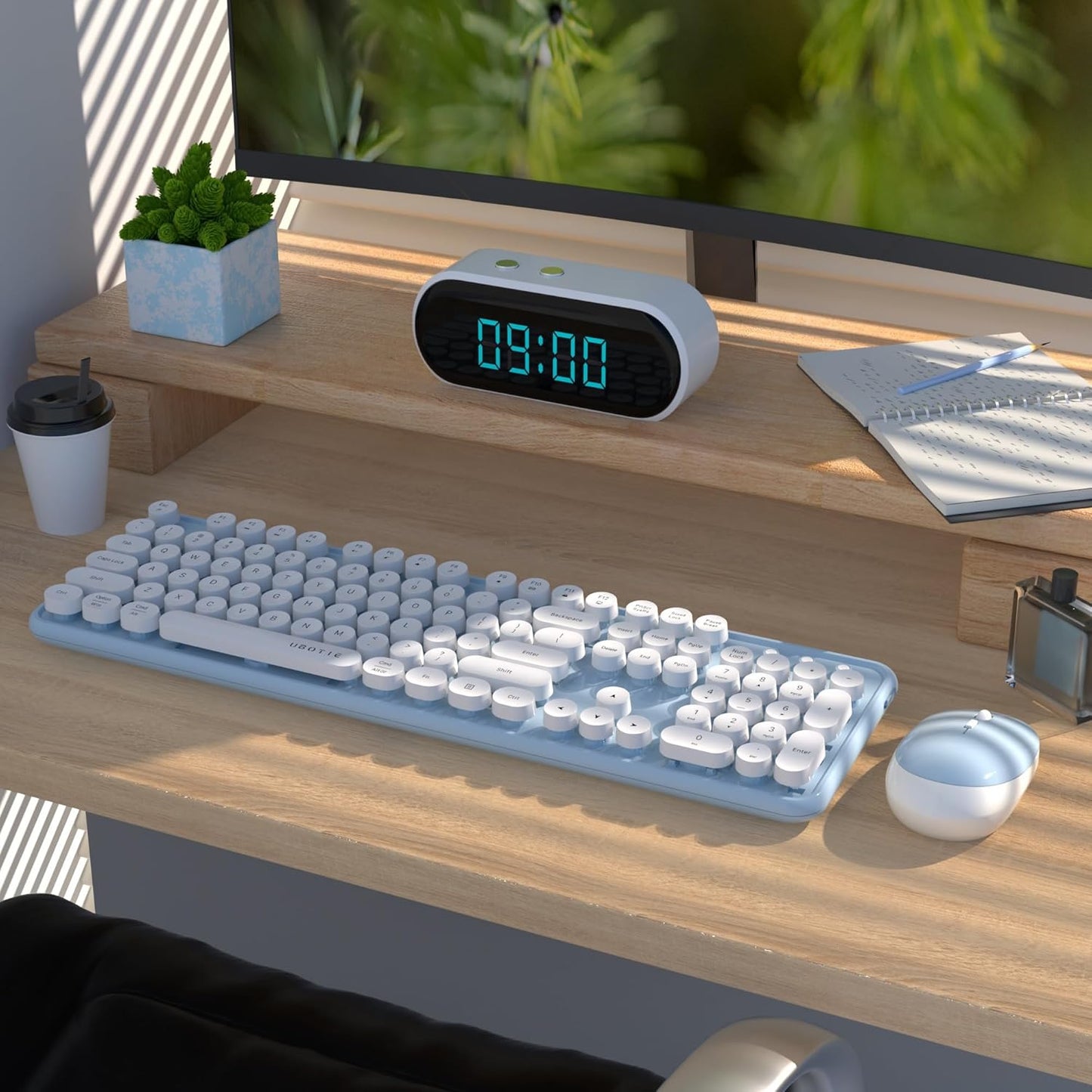 UBOTIE Colorful Computer Wireless Keyboard Mouse Combos, Typewriter Flexible Keys Office Full-Sized Keyboard, 2.4GHz Dropout-Free Connection and Optical Mouse (Blue-White)