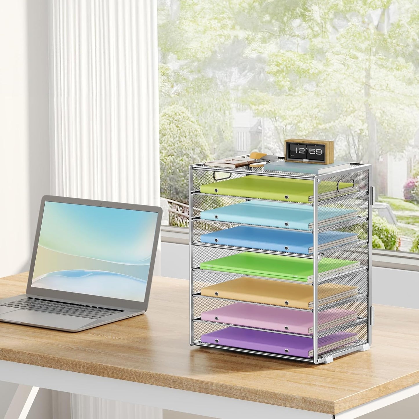 Paper Organizer with Handle 8 Tier Metal Mesh Desk File Organizer Large Capacity Desk Organizers Paper Letter Tray Desktop Document Sorter for Office, Home or School 2 Pack Silver