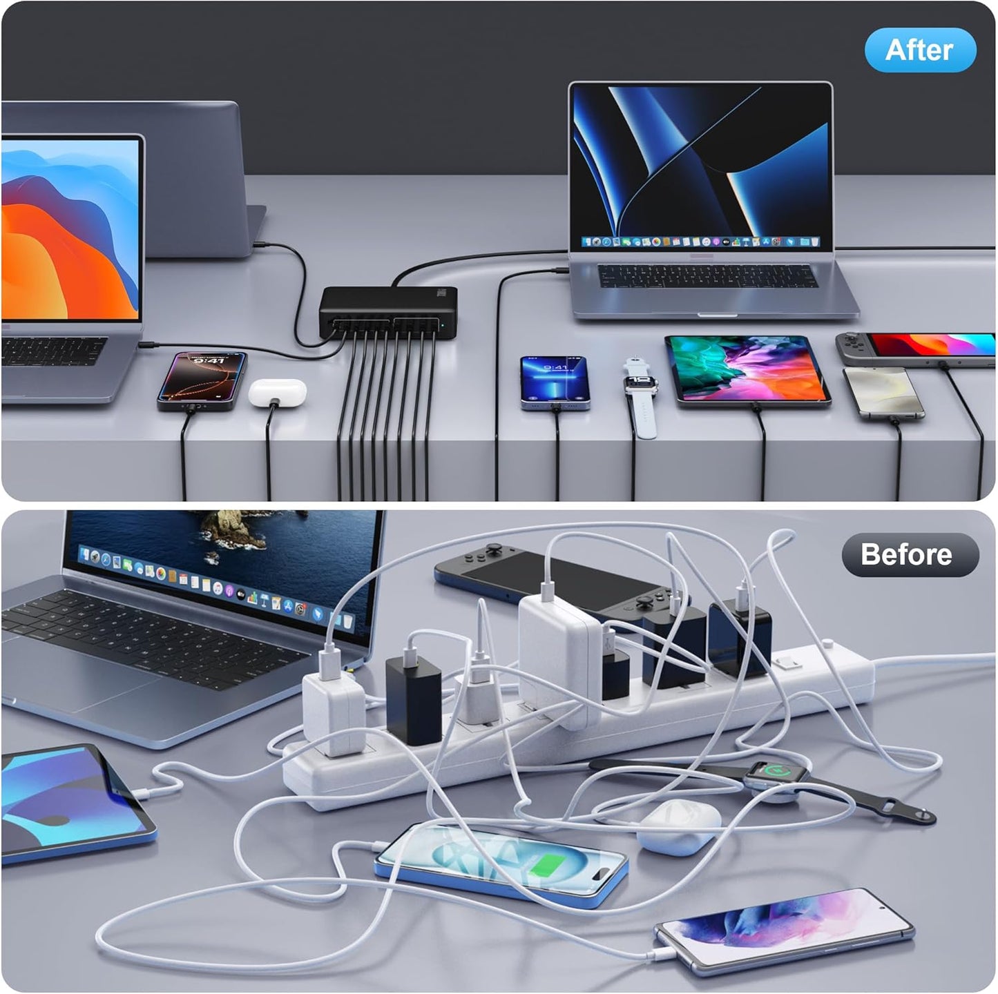 730W USB C Charger Block,10-Ports GaN V Fast Charging Station Hub,QC4.0+3 PD 100W Laptop Charger Wall Power Adapter for MacBook Pro/Air,DELL,iPhone 16/15/14/13,iPad,Galaxy S25,Pixel,Steam Desk-Black