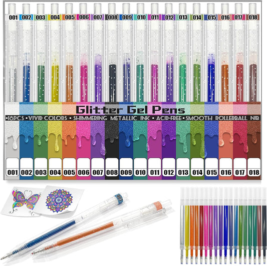 Glitter Pens 18 Colors with 18 Extra Refills, Retractable Metallic Colored Gel Pens for Adult, Vibrant Sparkle Glitter Gel Pens Suitable for Coloring Books Doodling Drawing Journaling