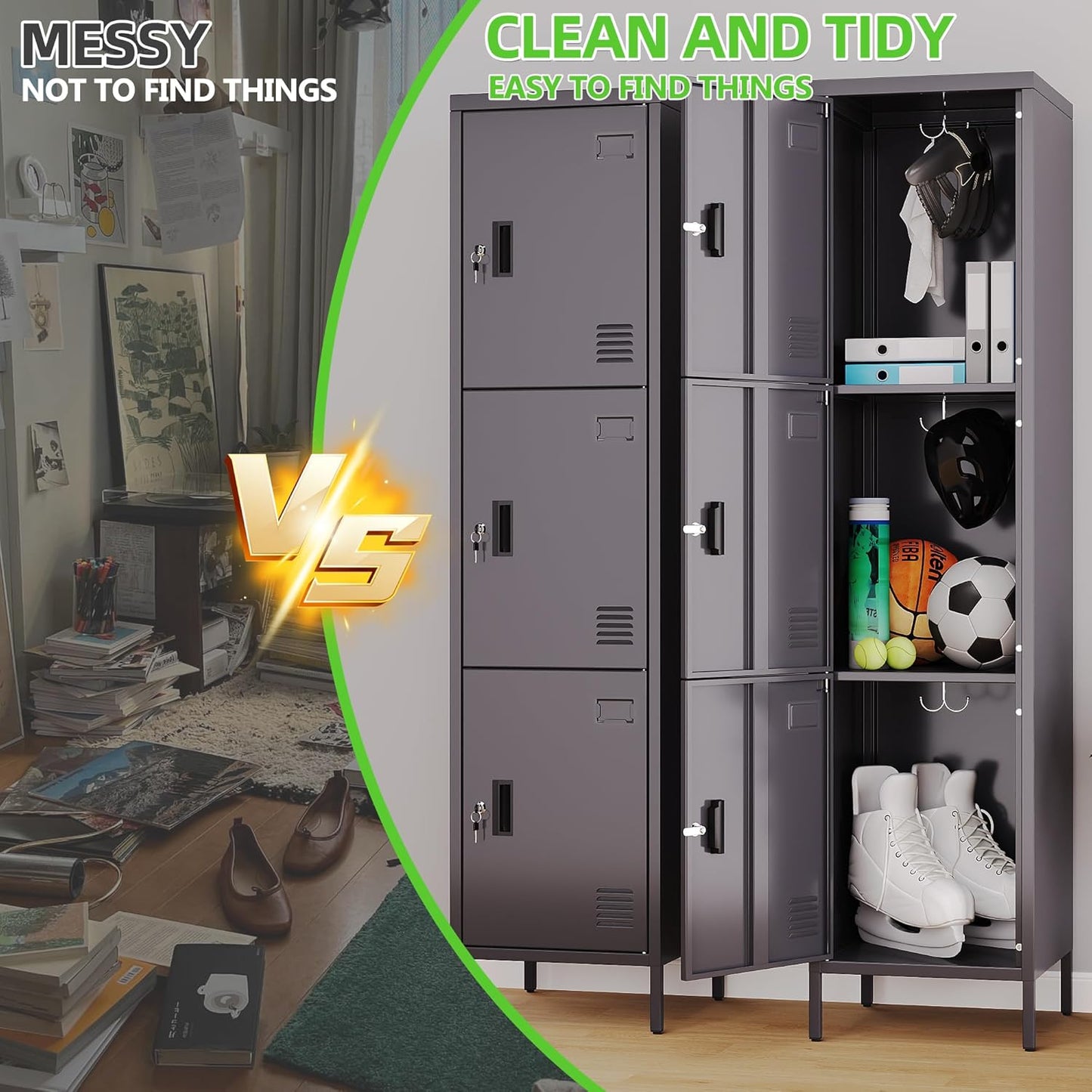 Metal Locker with Hooks and Ventilation Holes,Metal Storage Locker with Keys and Business Card Slof for Home,Gym,Garage,School,Office,66" H×15.75" W× 15.75" D,Assembly Required,Dark Grey