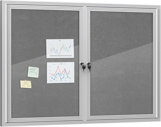48"x34" Enclosed Bulletin Board, Outdoor Lockable Weather-Resistant Aluminum Cork Noticeboard for School & Office, Silver Frame w/Grey Flet