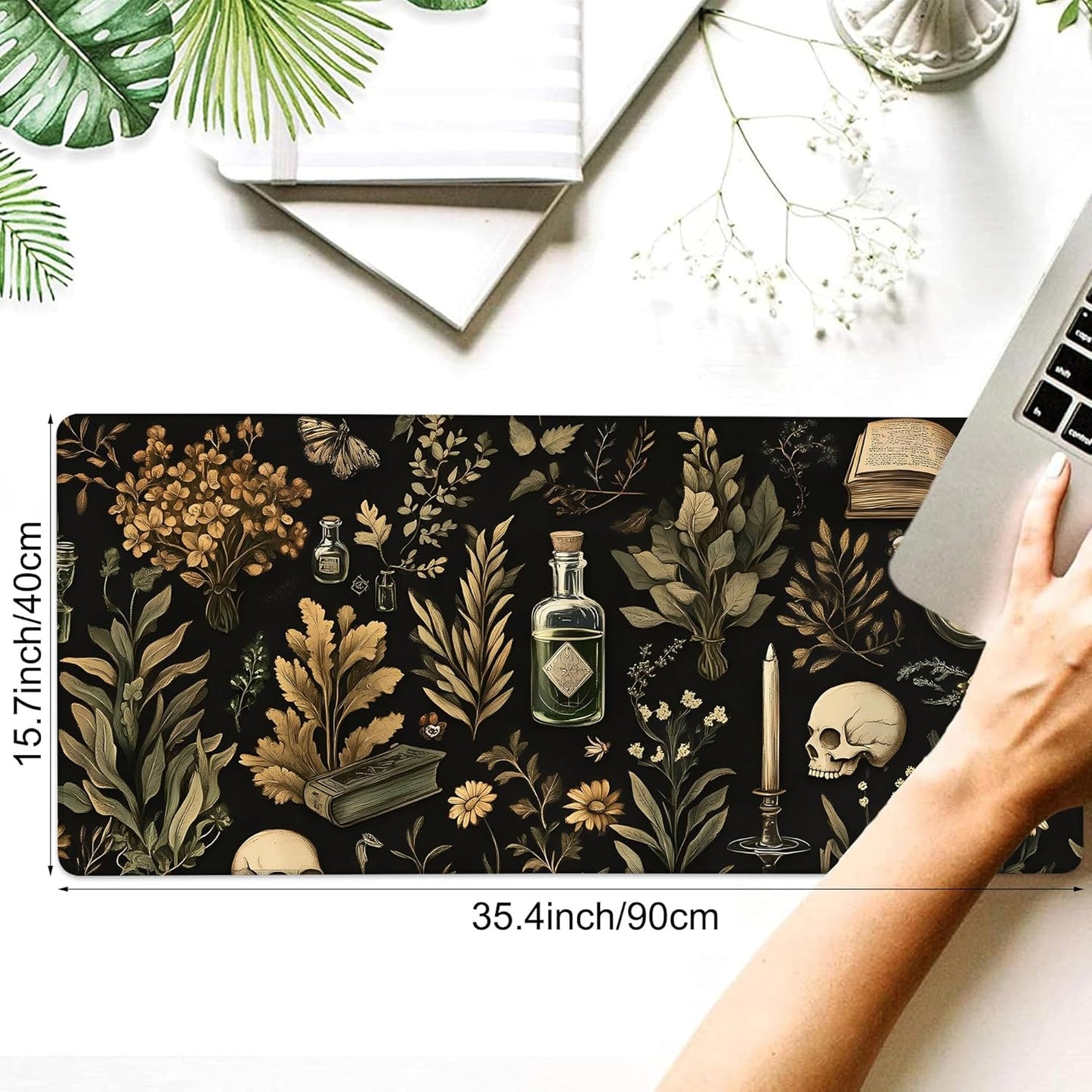 Desk Mat, Black Mystical Green Plant Skull Large Gaming Mouse Pad with Non-Slip Base Stitched Edges,Desk pad for Keyboard and Mouse Home Office 35.4"x15.7"