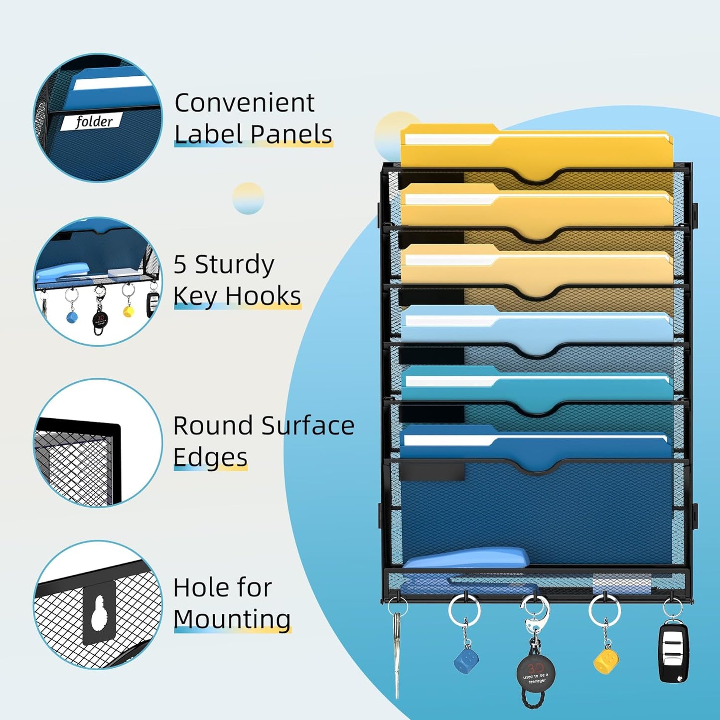 SUPEASY 7-Tier Wall File Holder Organizer with Hooks, Mesh Hanging File Organizer, Mail Organizer Wall Mounted for Papers, Folders, Office Magazine Rack, Assembly Needed, Black