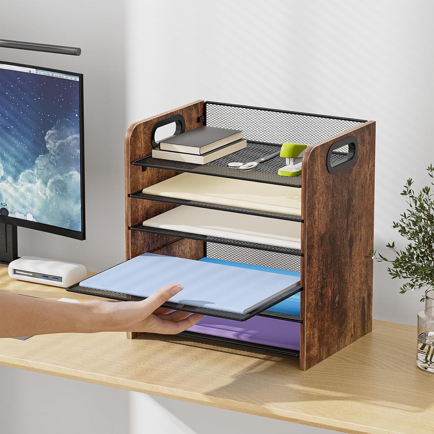 Marbrasse 6 Tier Paper Organizer Letter Tray - Wooden Desk File Organizer with Handle, Paper Sorter Organizer for Letter/A4 Office File Folder Holder