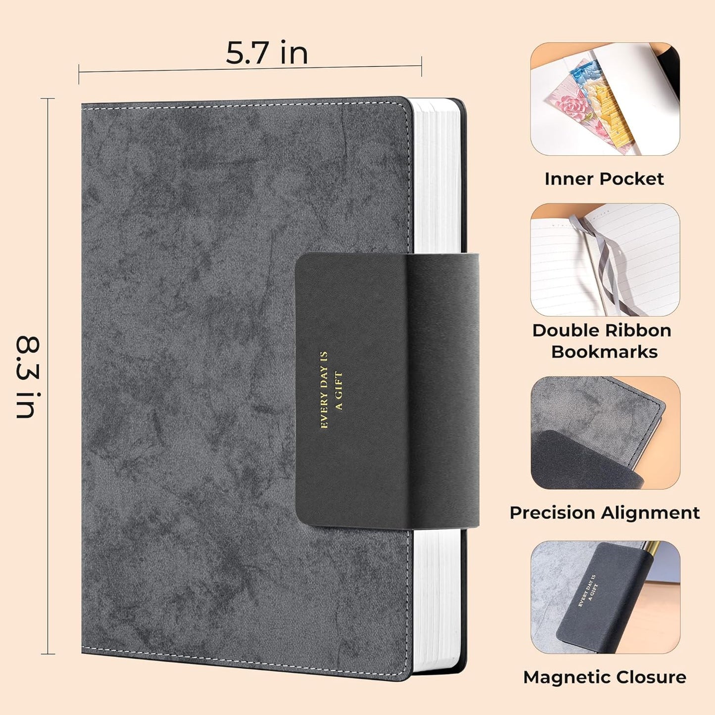 MINICAGIE Lined Leather Journals for Writing A5 Journaling Notebooks with 100 GSM Thick Paper Journal Notebook for Men & Women with Buckle Closure, Work Travel Note Taking Diary, 5.7" x 8.3", Grey