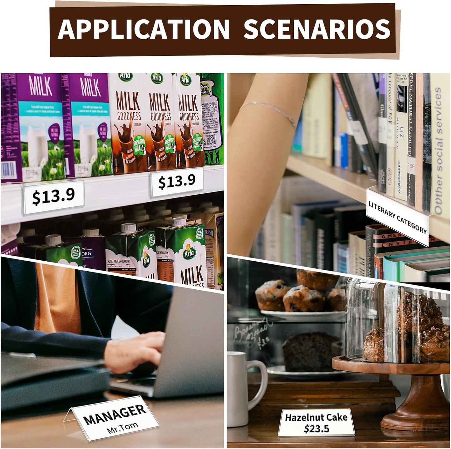 Acrylic Rigid Label Holders 1.25x3 inch 20 Pack for School Library Book Shelves Tags Office Warehouse Metal Shelf Labels with Magnetic Strip and Self-Adhesive Dots, Transparent Tabletop Price Sign