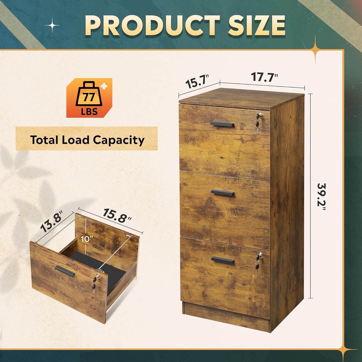 DEVAISE 3 Drawer File Cabinet with Lock, Vertical Wood Filing Cabinet for Home Office, Printer Stand for Letter and A4 Size, Rustic Brown