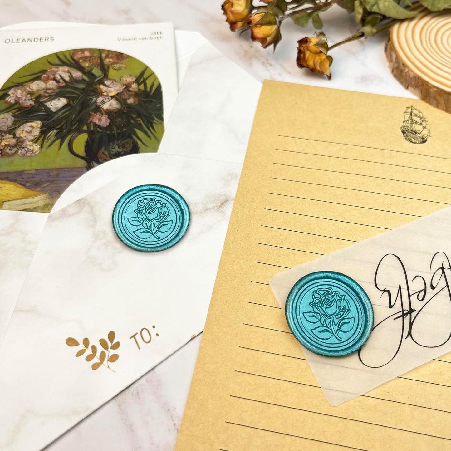 25Pcs Wax Seal Stickers Handmade Envelope Seals Self Adhesive Wax Stickers for Wedding Party Invitations, Envelope, Gift Wrap, Christmas(Rose Style, Duck Green)