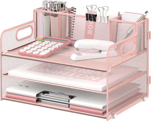 SUPEASY 3 Tier Desk Organizer with Handle & 3 Pen Holders, Mesh Paper/File Organizer for Desk, Paper Letter Tray Organizer for Office Supplies (Cute Pink)