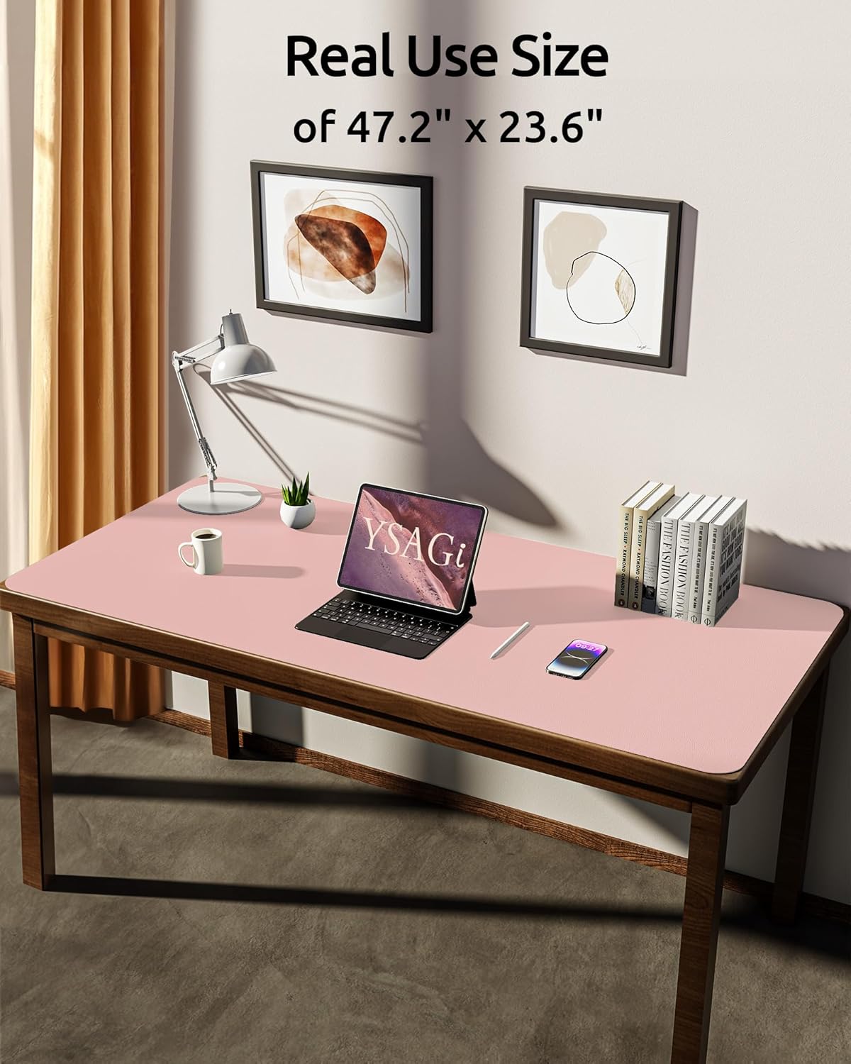 YSAGi Leather Desk Protector, Office Mat, Large Mouse Mat, Non-Slip PU Leather Blotter, Laptop Pad, Waterproof Writing Pad for Office and Home (Light Pink, 47.2" x 23.6")