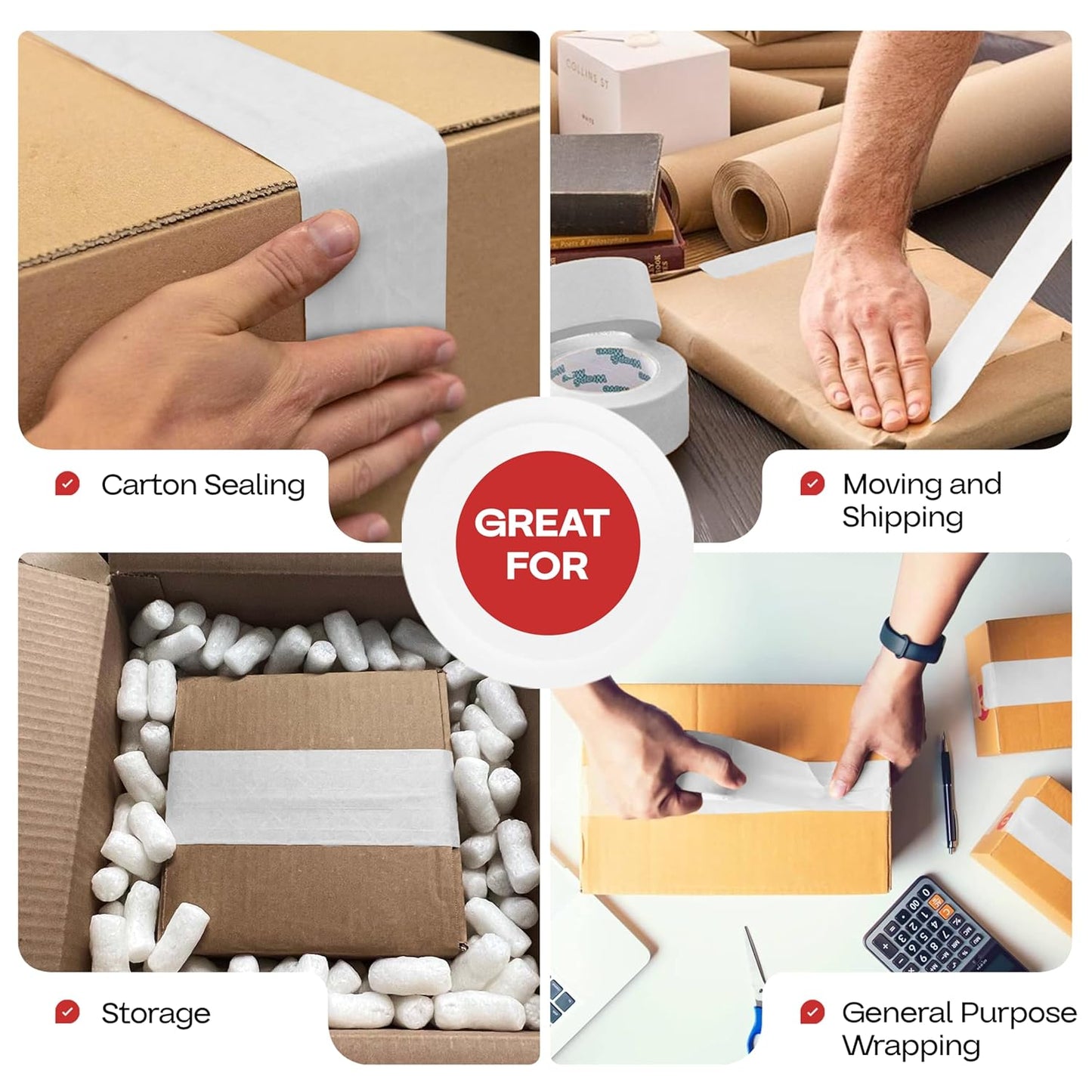 IDL Packaging 2.83" x 450 feet Reinforced Water-Activated Kraft Gummed Tape 30lb Thickness (Pack of 10) - Secure Paper Packing Tape for Secure Carton Sealing - Heavy-Duty for All Conditions, White