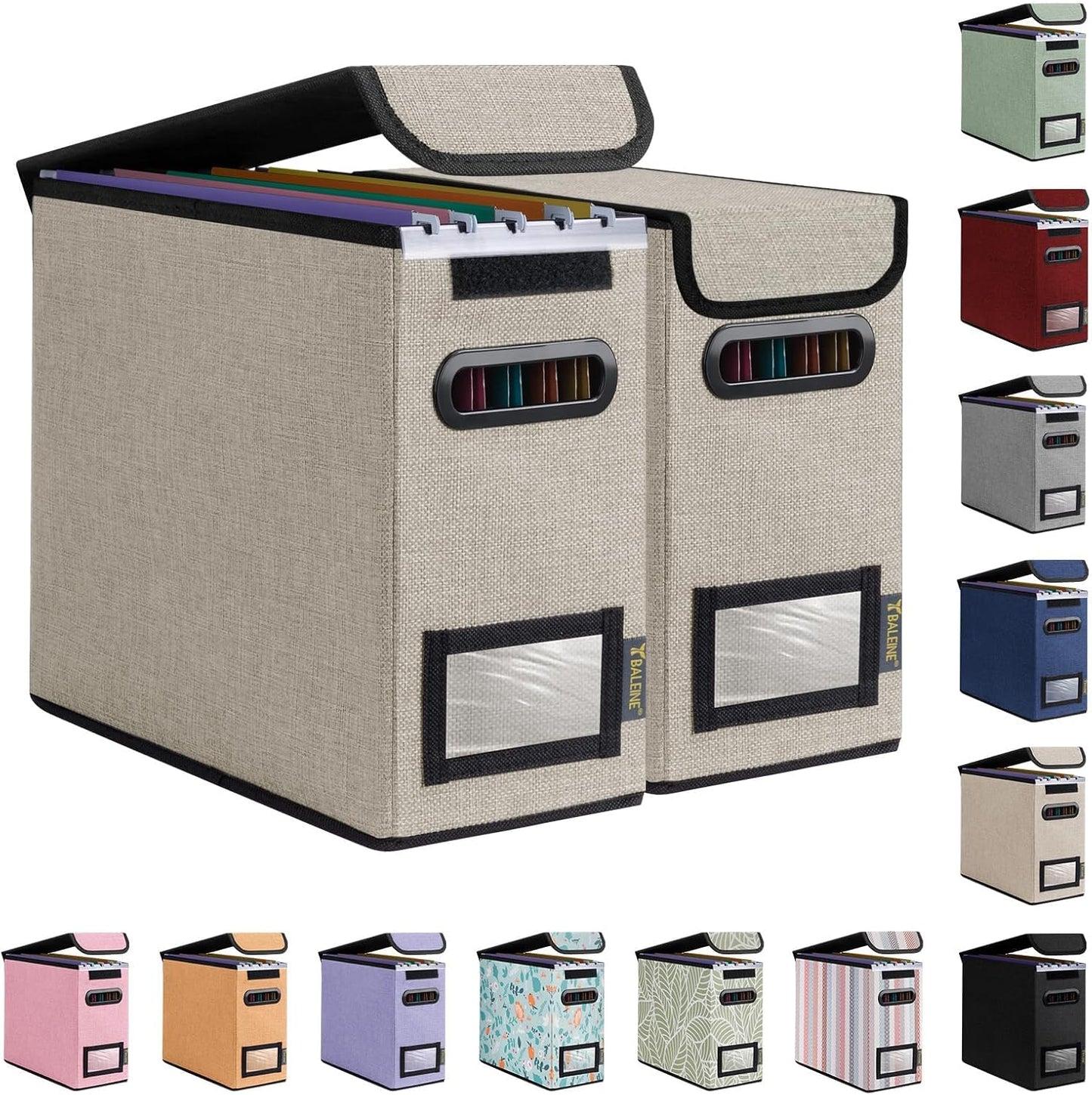 BALEINE File Organizer Box with Lid, Collapsible File Folder Organizer with Plastic Slide, Hanging File Folder Box for Office Document Storage (2 Pack, Beige, S)