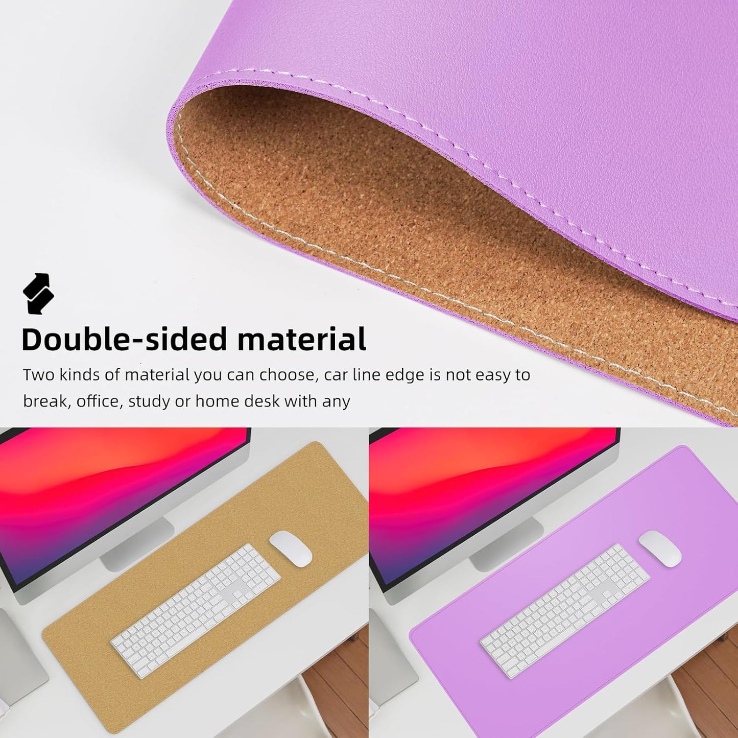 Leather Desk pad Protector, Large Desk mat with Natural Cork & PU Leather,Mouse pad,Non-Slip Office Desk Mat,Waterproof Desk Writing Pad for Office and Home (47in*17in, Purple)