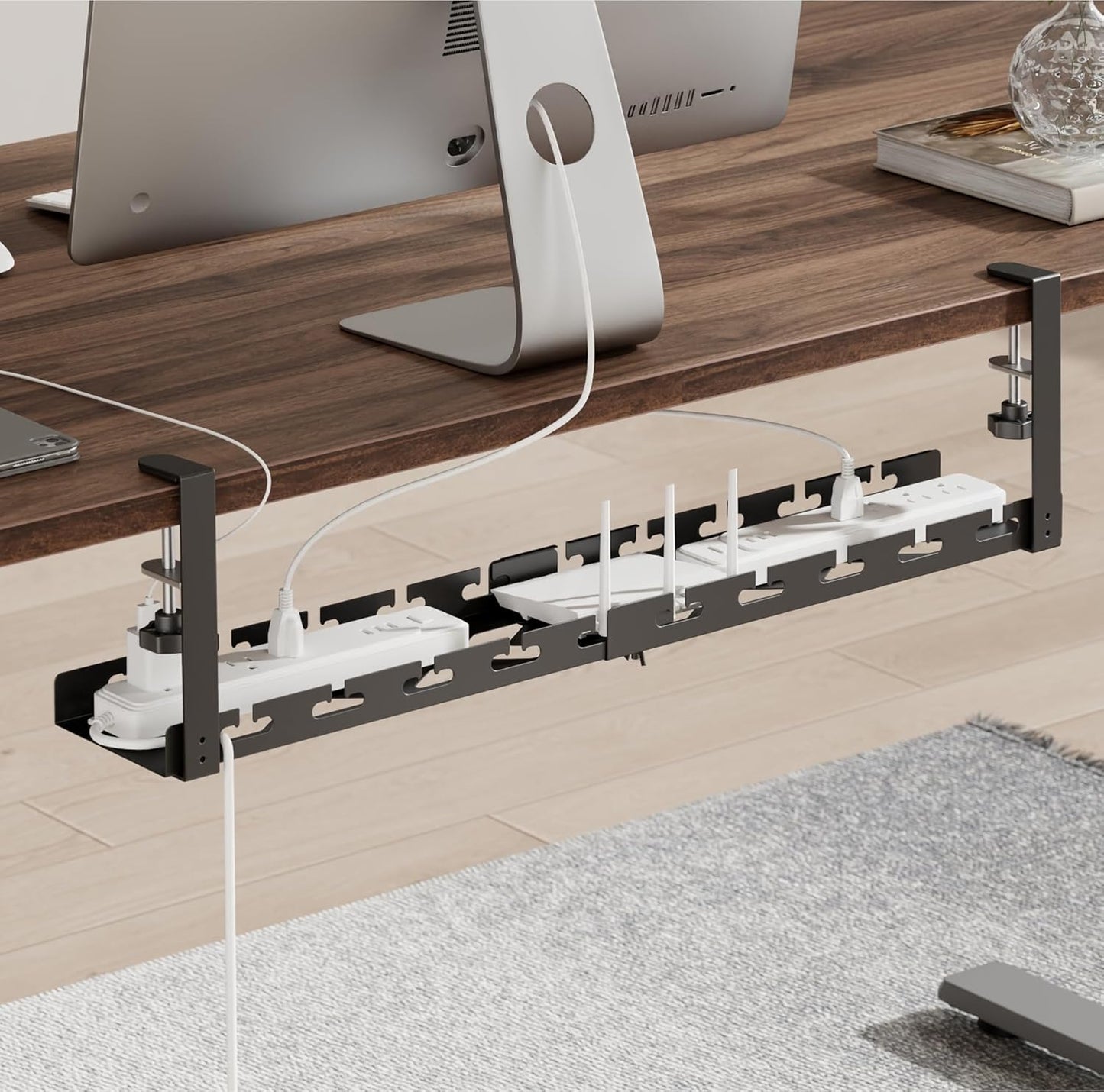 ARES WING 17"-28.7" Extendable Under Desk Cable Management Tray with Cable Slots, Clamp On Cord Organizer Holds Up to 11 lbs, Black Metal Under Desk Storage for Office and Gaming Accessories