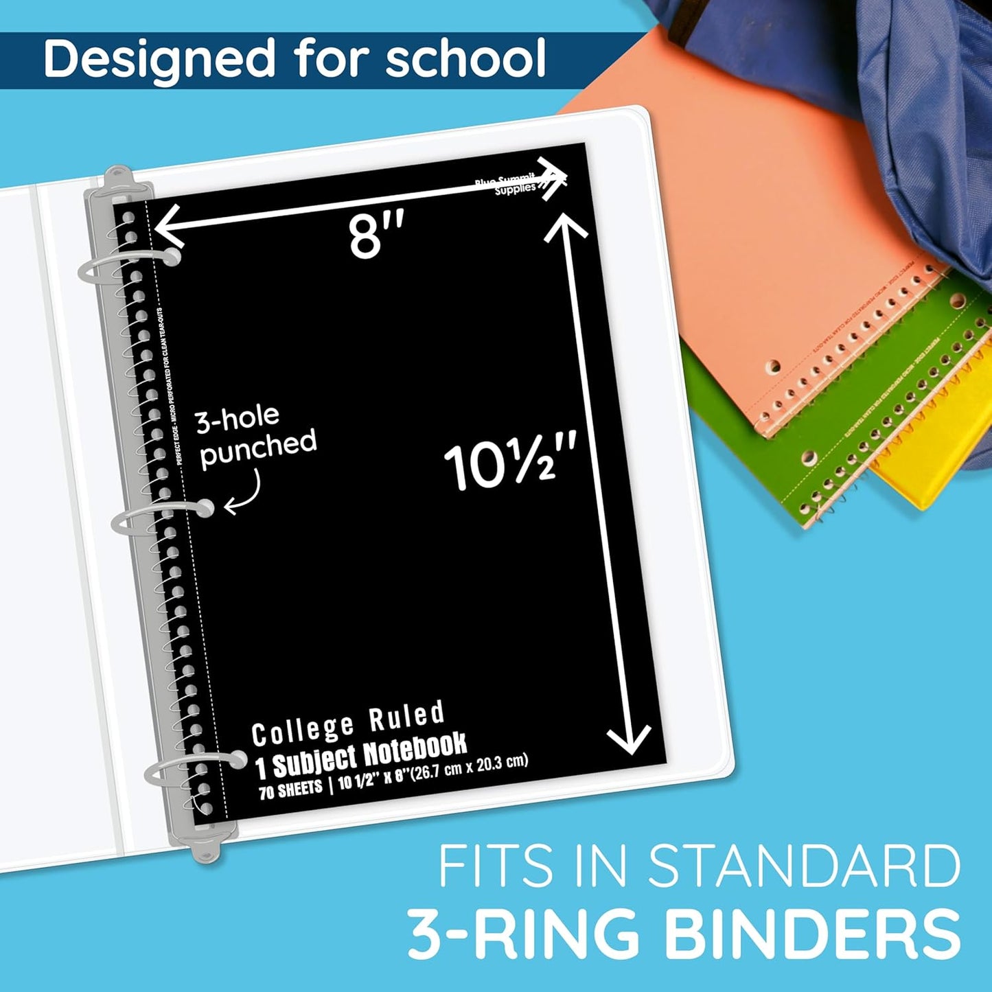 Blue Summit Black Spiral Notebooks Bulk, One Subject Spiral Notebook College Ruled, Perforated Notebook, 8 x 10.5 for Work and School, Paper, College Ruled, Bulk 48 Pack