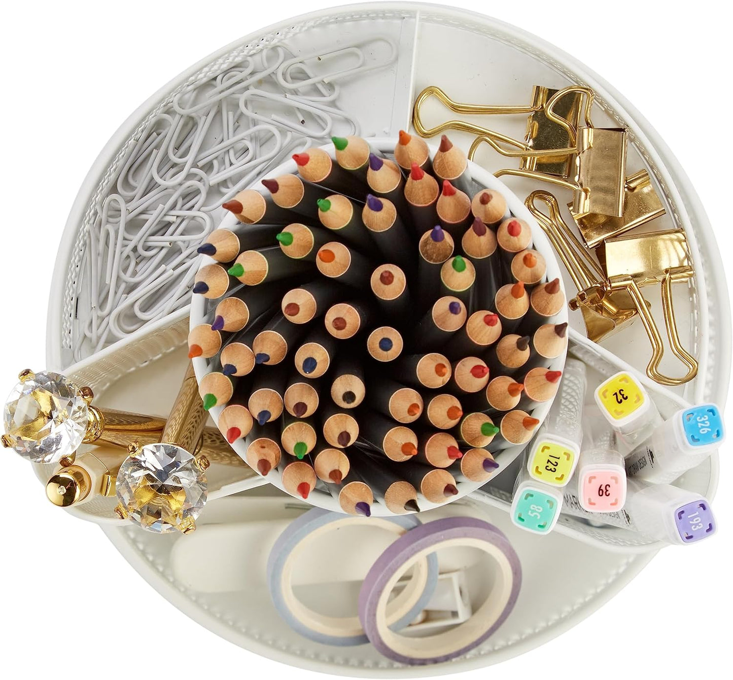 Annova Mesh Desk Organizer Rotate with 6 Compartments Round Spinning Tidy Candy/Pen Holder Desk Accessories Office, Art Supply, Storage, Classroom, Home (White)