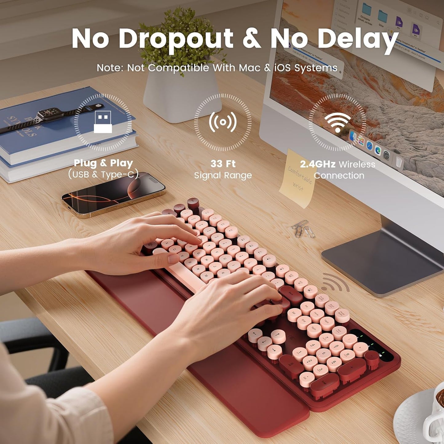 SABLUTE Wireless Keyboard, Round Keycaps, Retro Typewriter Keyboard with Detachable Wrist Rest, Sleep Mode, Foldable Legs, 2.4GHz Full-Size Cordless Computer Keyboard for Windows/PC/Laptop (Wine Red)