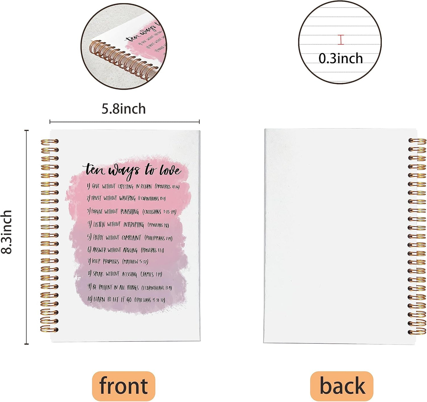 VNWEK Ten Ways to Love Inspirational Bible Verse Scripture Pink Spiral Notebook Journal 5.5 x 8.3 inches,Christian Lined Hardcover Spiral Notebook,Christian Gifts for Women Teen Girls