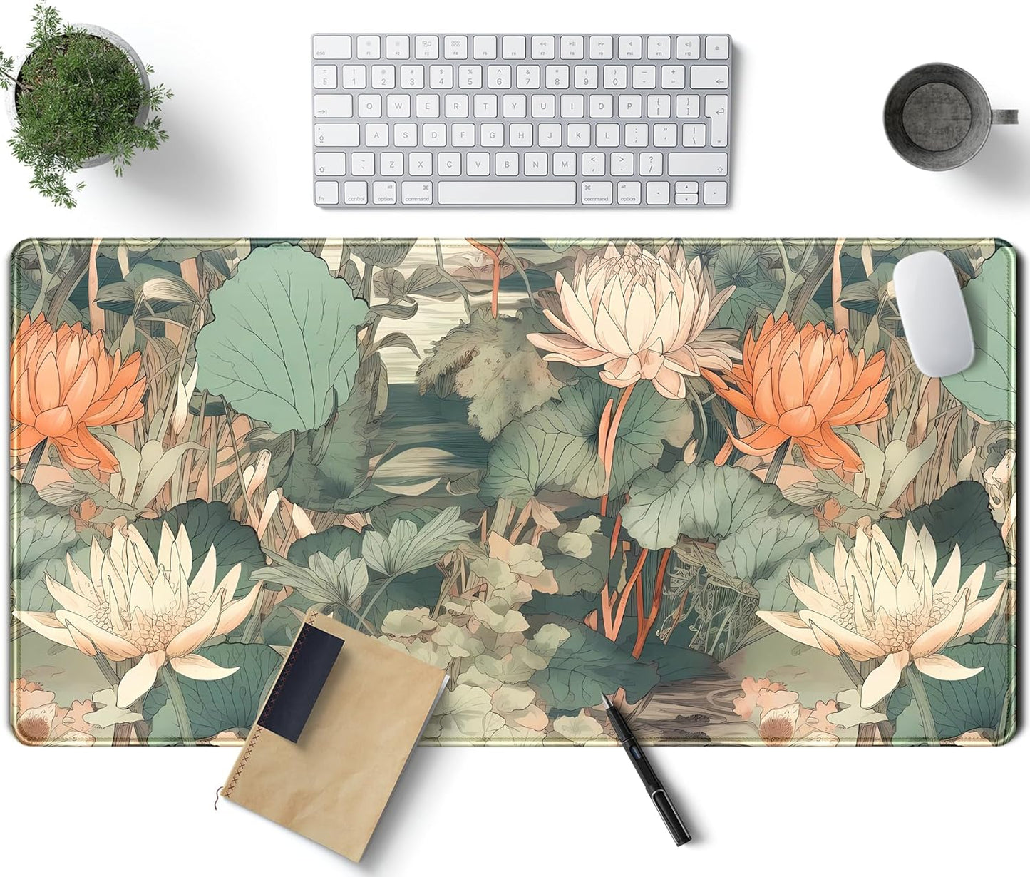Light Emerald and Orange Floral Desk Mat, XXL Large Extended Mouse Pad Gaming Desk Pad, Aesthetic Asian Lotus Flower Big Laptop Keyboard and Mouse Mat for Women Desktop Office Decor 31.5x15.7 in