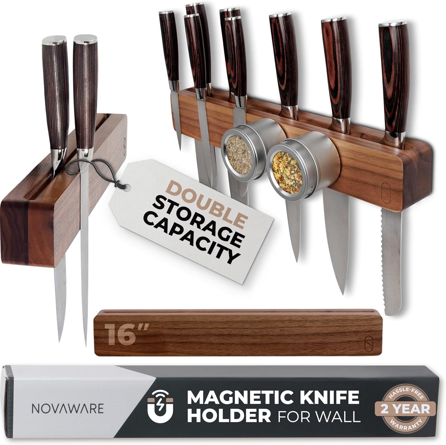 Walnut 16 inch Magnetic Knife Holder for Wall with 2x Storage & Charming Wood - Knife Magnetic Strip, Under Cabinet Magnet Knives Storage - Magnet Strip Rack Kitchen Utensil Holder Organizer Tool