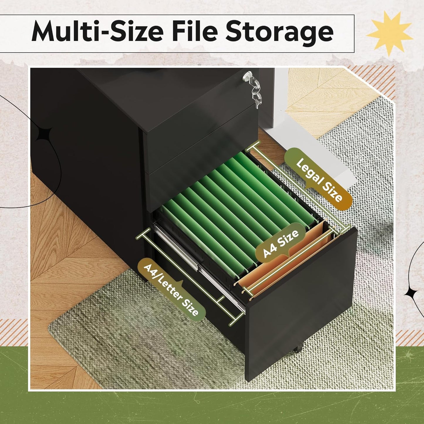 DEVAISE 3 Drawer File Cabinet with Lock, Metal Rolling Filing Cabinets for Home Office, Small Under Desk Cabinet with Slim Width (11.8 inch), Black