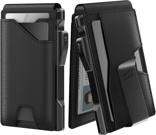 typecase Tactical Wallet for Men Card Holder: Pop Up Card Case, Genuine Leather, Smart, RFID Blocking, Slim, Minimalist, Thin, Front Pocket - 9-13 Card Capacitiy, ID Window, Money Clip (Dark Black)