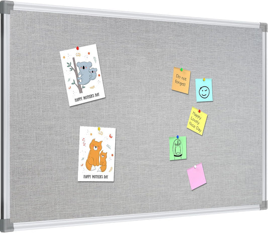 Lockways 36" x 24" Premium Cork Bulletin Board, Light Grey Framed Linen Fabric Pinboard with Silver Aluminum Frame for Home, Office & Kitchen Organization