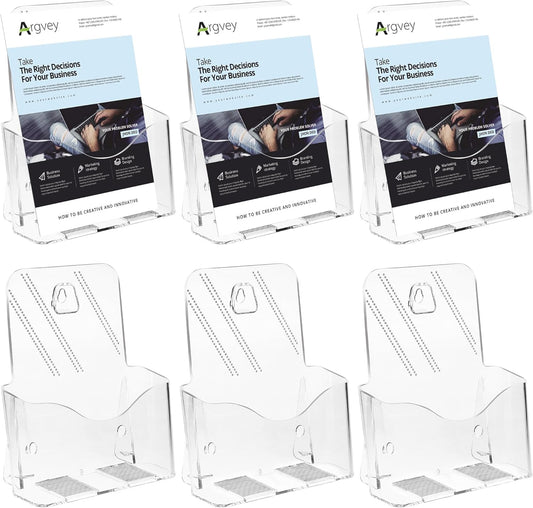Acrylic Brochure Holder 6 x 8 Inch, Clear Slant Back Display Stand for 5.5 x 8.5 & 5 x 7 Inch Flyers, Pamphlets, Table Signs – Plastic Paper Holder for Office, Home, Store, 6 Pack