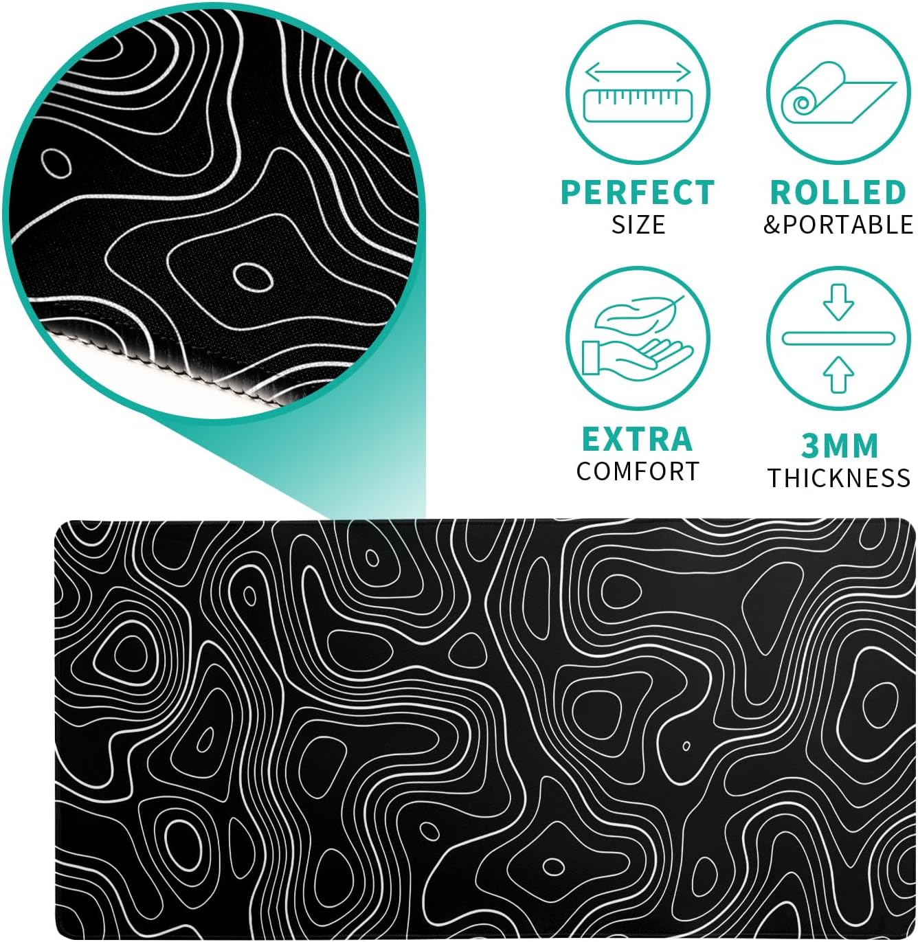 Topographic Contour Gaming Mouse Pad Black Large Mouse Pad for Keyboard and Mousepad Desk Mat with 3mm Non-Slip Base and Stitched Edge for Gaming and Office Computer Mat Protector Mat 27.6x11.8 Inch
