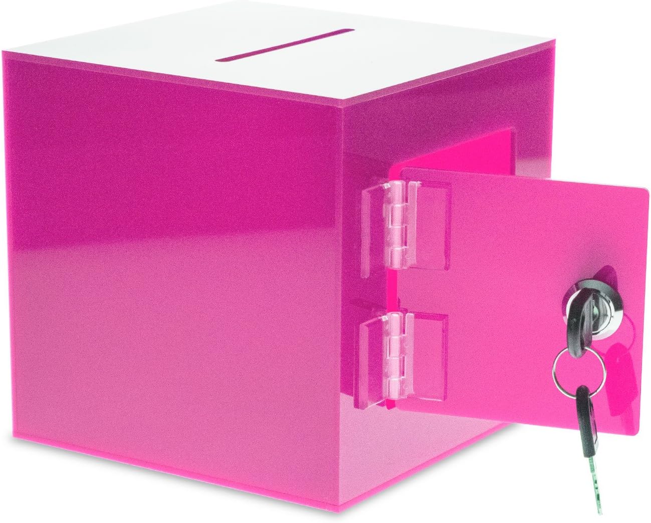 Source One Premium Acrylic Cube Donation Box with Deluxe Rear Open Door and Cam Lock Suggestion Box (10 Inch, Pink)