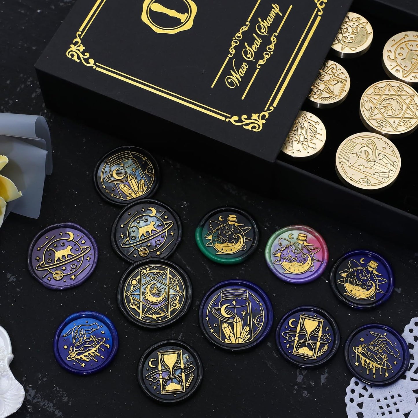 SWANGSA Magic Space Wax Seal Stamp Gift Box Set, Vintage 6 Sealing Stamp Heads + 1 Wooden Hilt, Wax Stamp Kit for Party Invitations, Envelops, Cards and Gift Packaging (Magic Space)