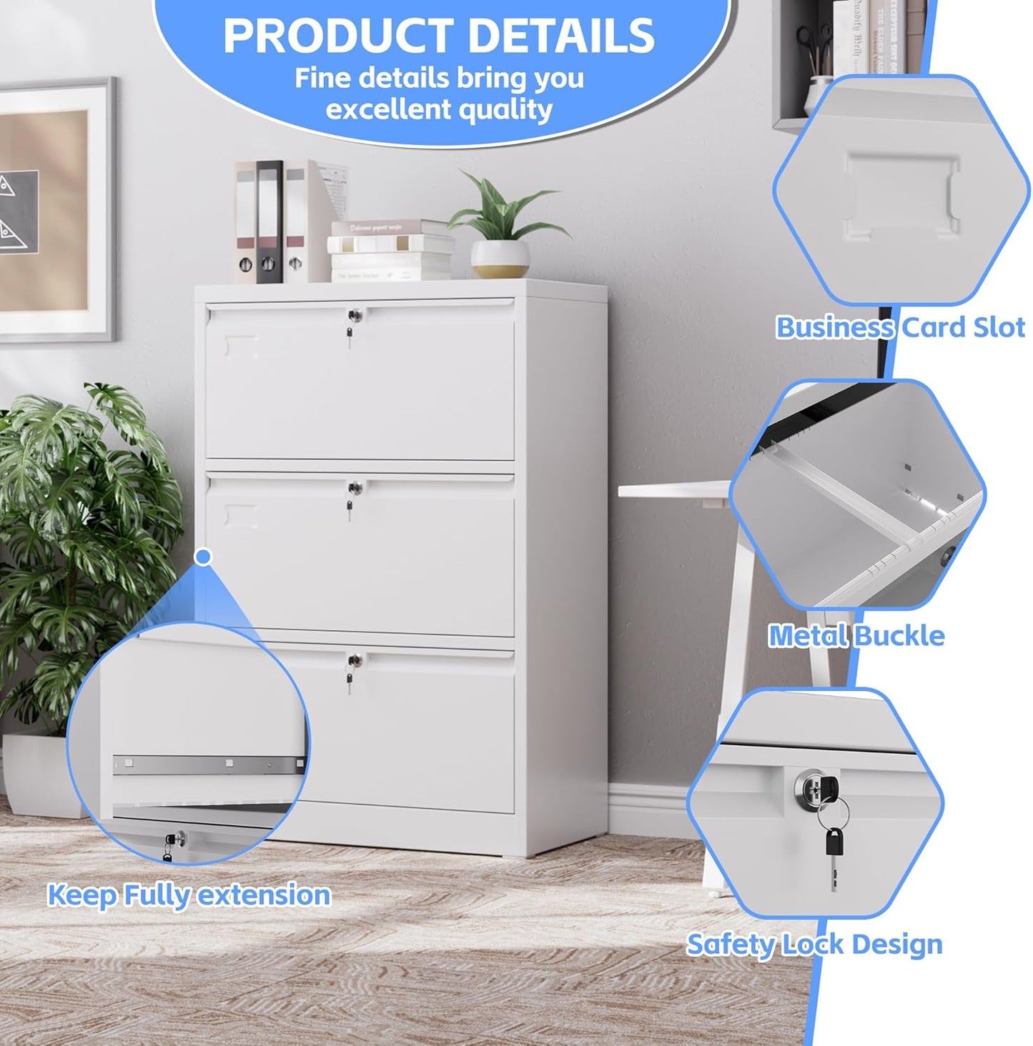 Aobabo 3 Drawer Wide Lateral File Cabinet, Metal Filing Cabinet with Lock, Suitable for Home Office School Hanging Files Letter/Legal/F4/A4 Size,White,Required-Assembly,15.87" D x 28.94" W x 43.62" H