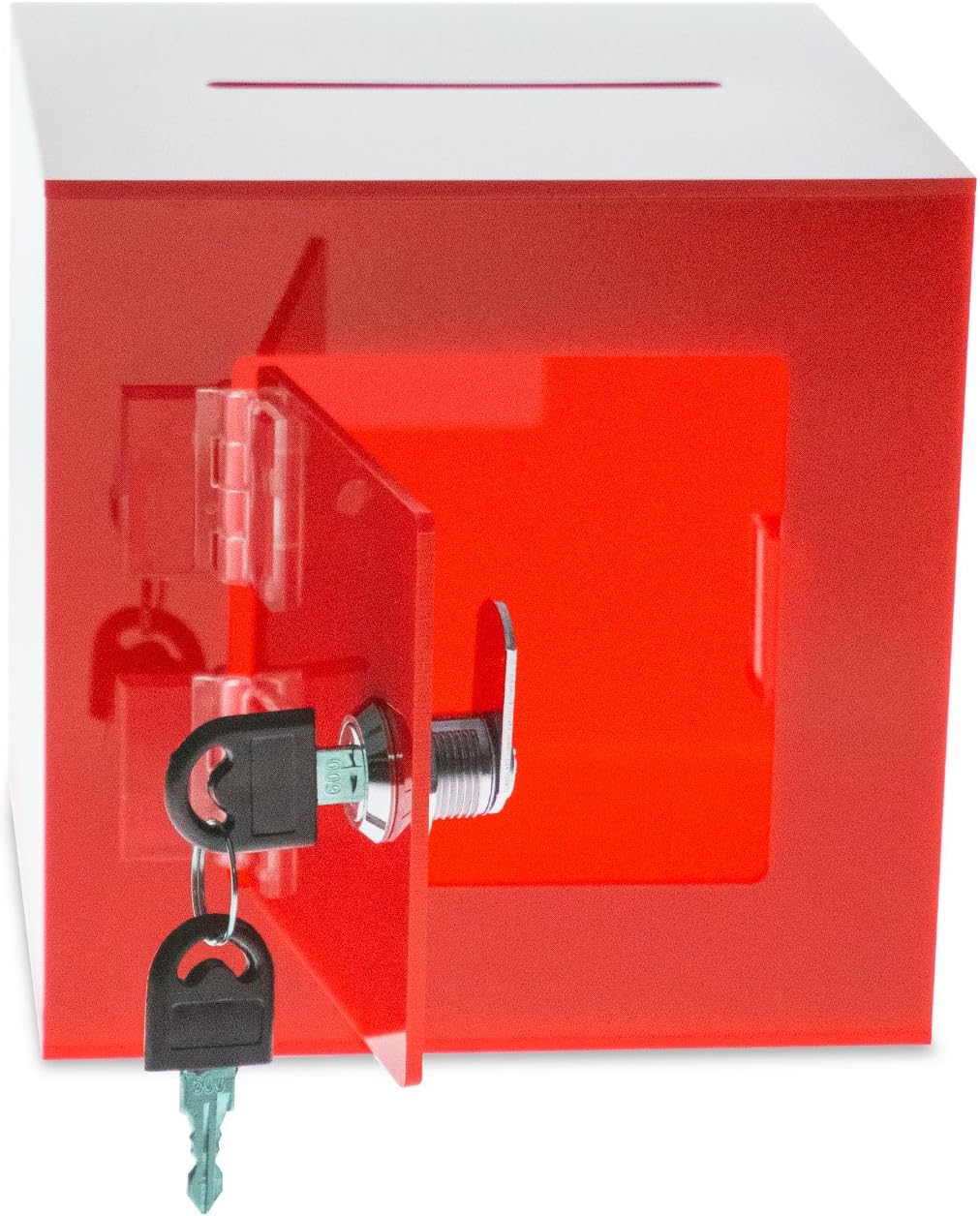 Source One Premium Acrylic Cube Donation Box with Deluxe Rear Open Door and Cam Lock Suggestion Box (12 Inch, Red)