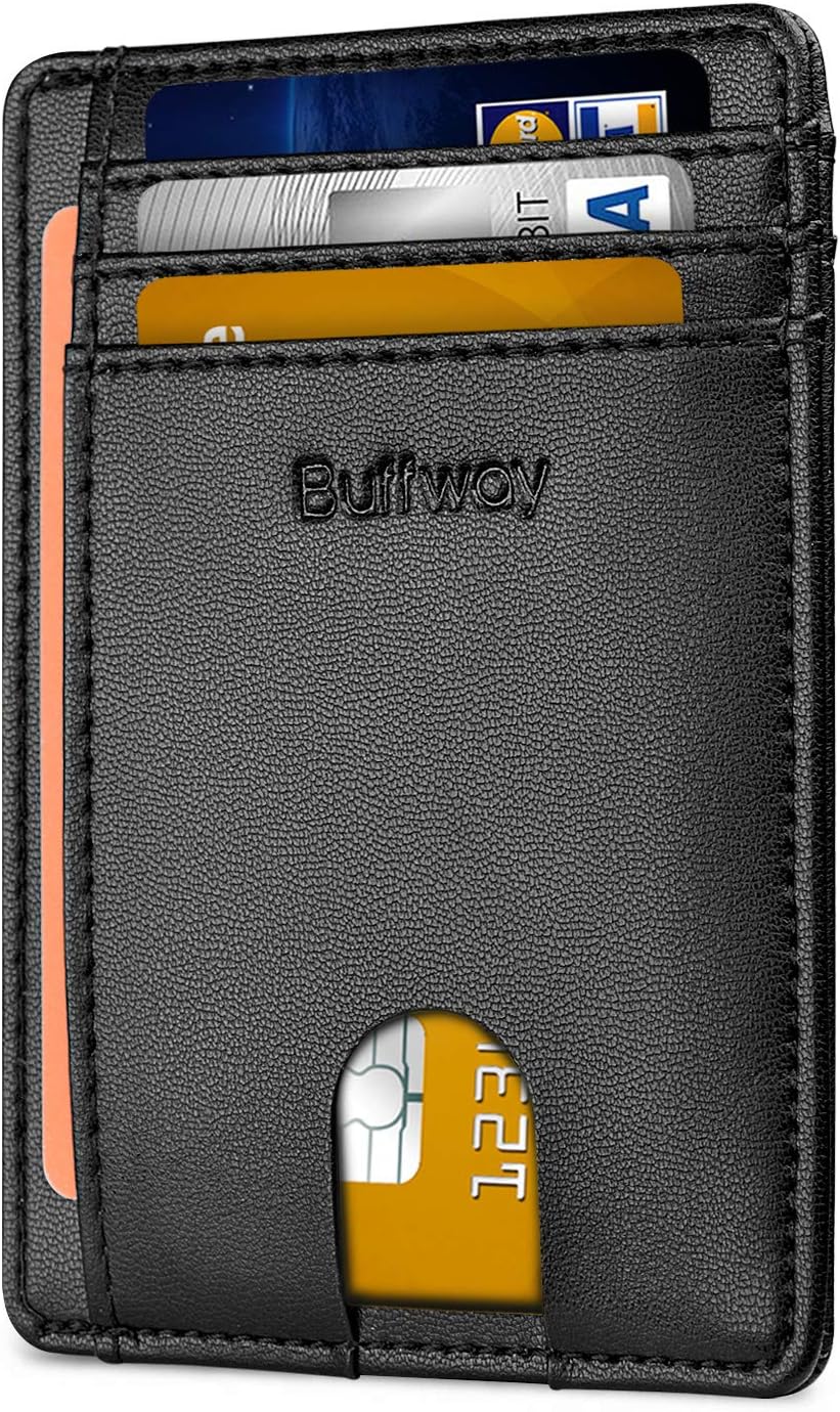 Buffway Slim Minimalist Front Pocket RFID Blocking Leather Wallets for Men and Women - Sand Black