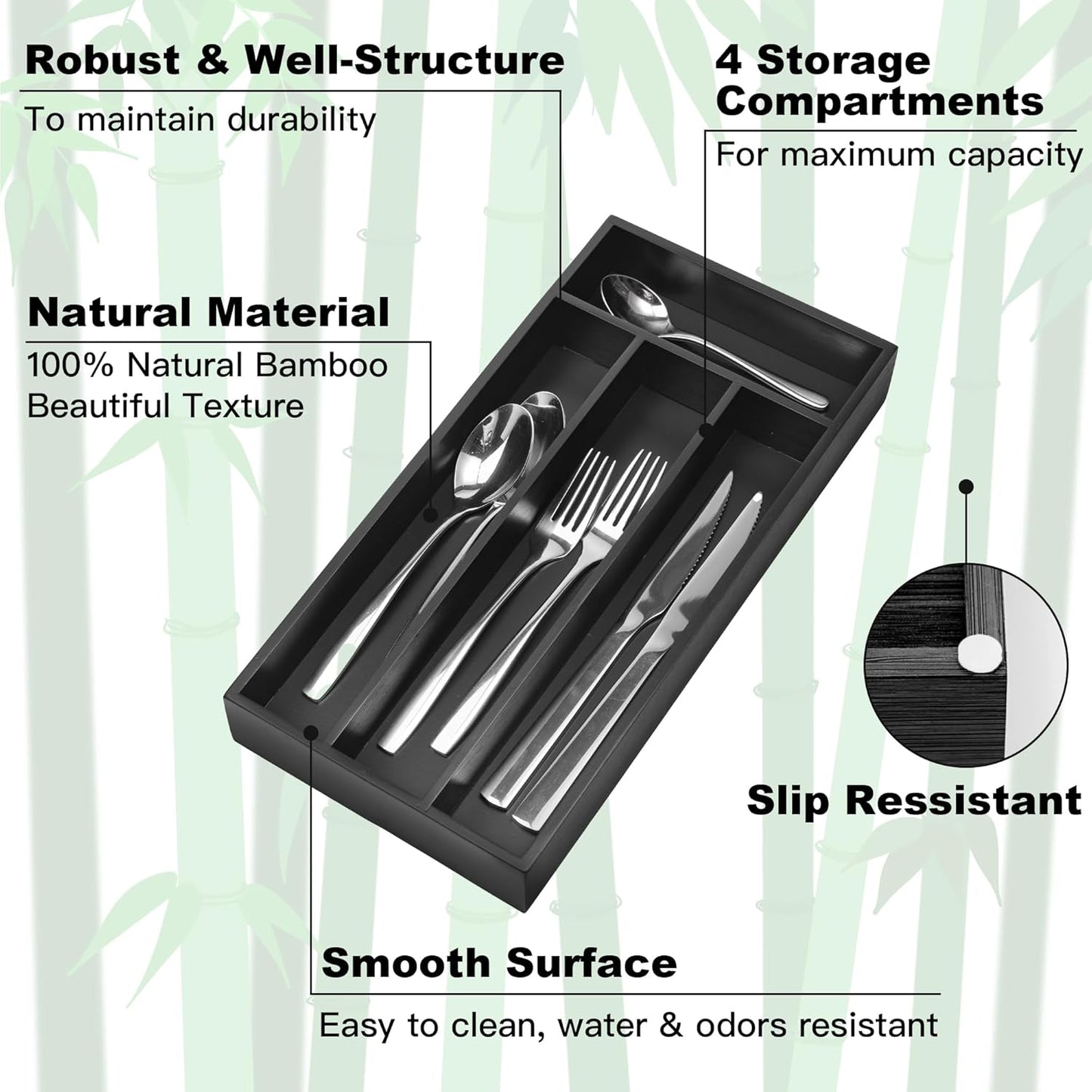 Silverware Organizer Small Bamboo Kitchen Drawer Organizer Utensil Organizer Silverware Holder Cutlery Organizer in drawer Flatware Organizer Tray (Black 4 Slots)