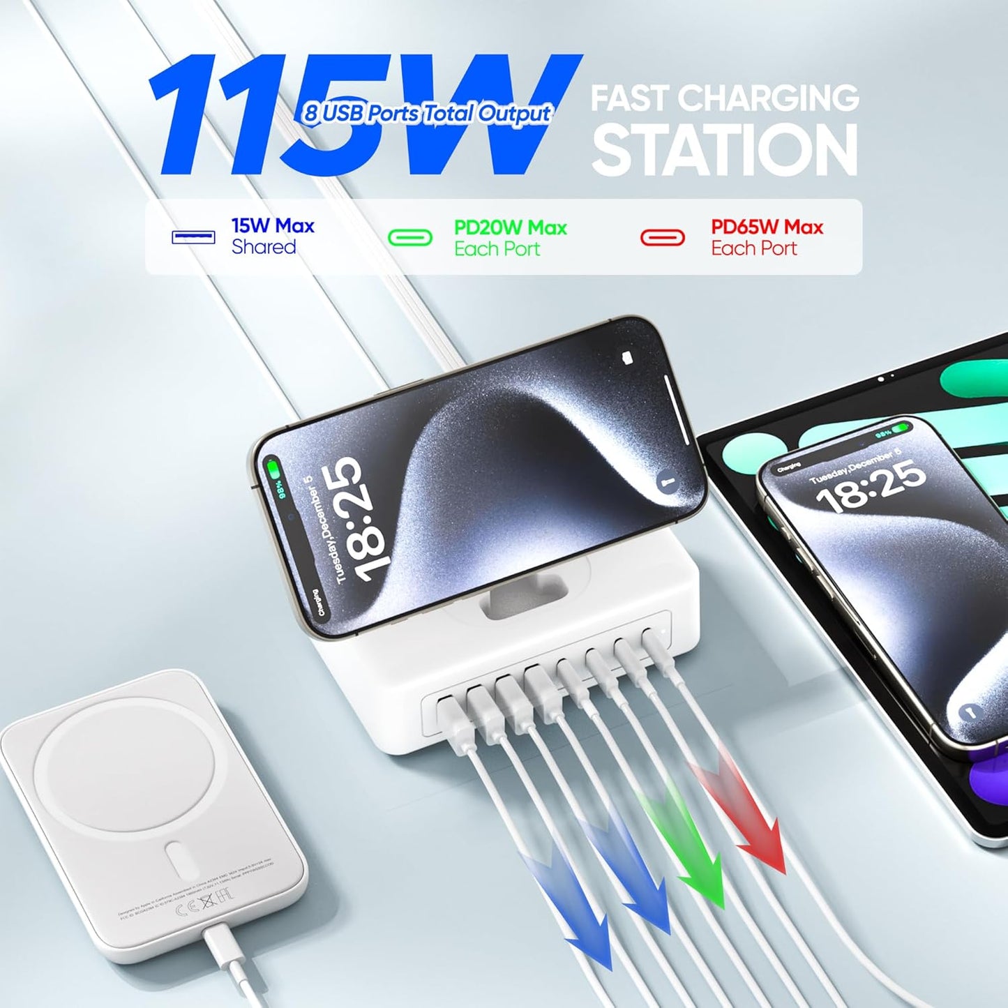 115W USB Charging Station Power Strip, 11-in-1 USB C Charger Block, 2AC Outlets with 8USB Ports(4USB-C), 5FT Flat Plug Extension Cord, Fast Charging Desktop Charger for Home Office Dorm Room, White