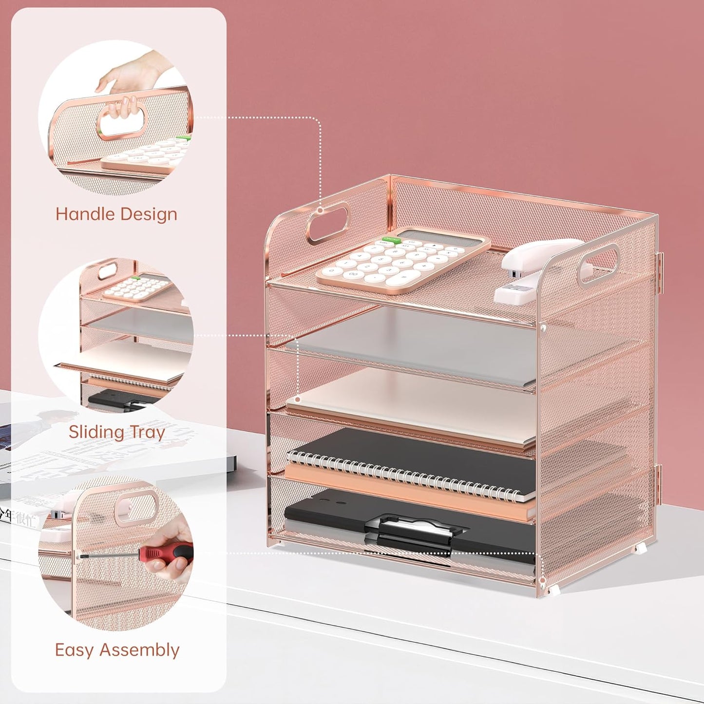 Supeasy 5 Trays Paper Organizer Letter Tray with Handle-Mesh Desk File Organizer, Paper Sorter Desk Organizer for Office, Home or School (Rose Gold)